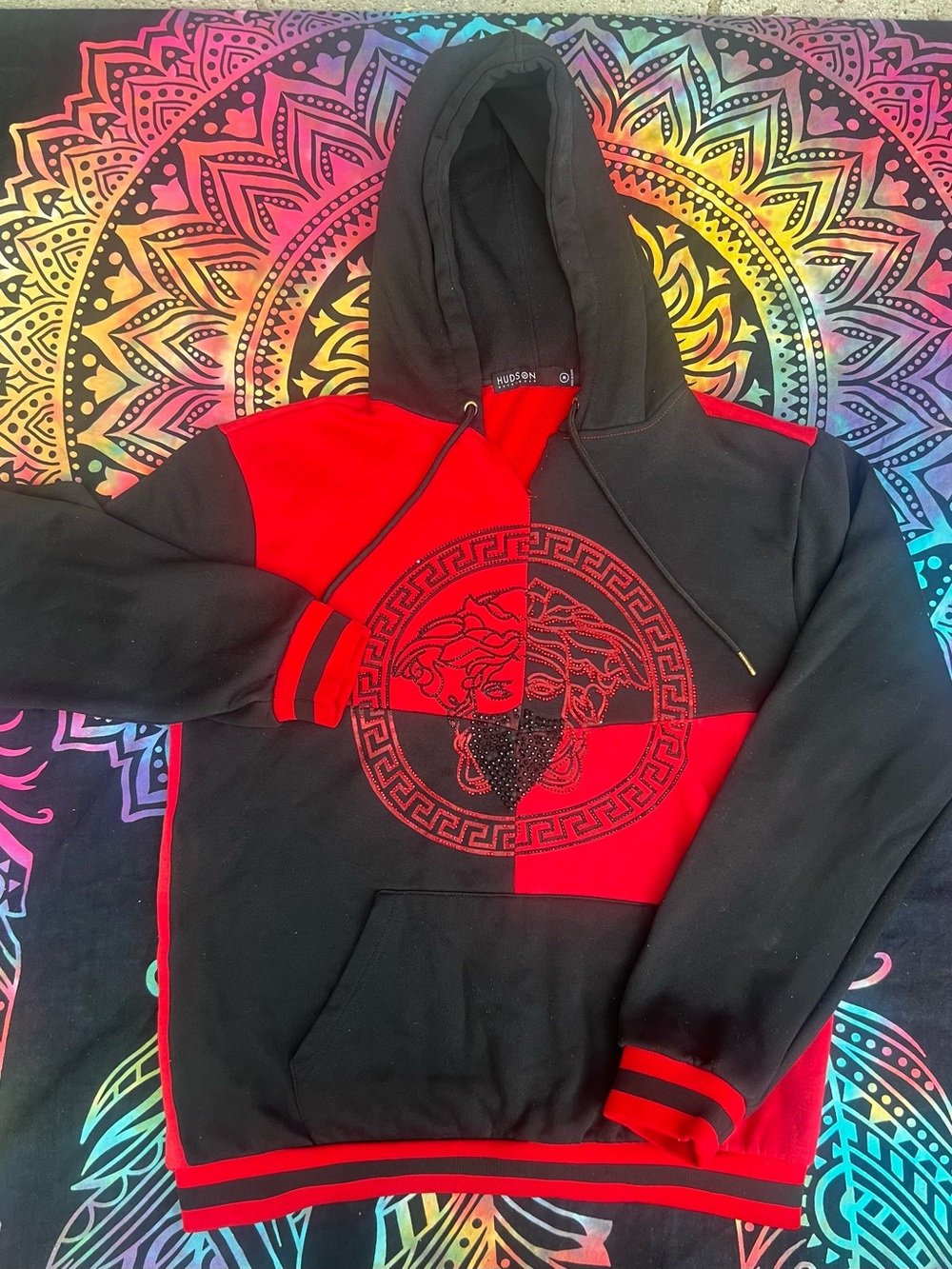 Two-Tone Black & Red Hooded Pullover Sweatshirt with Center Medallion